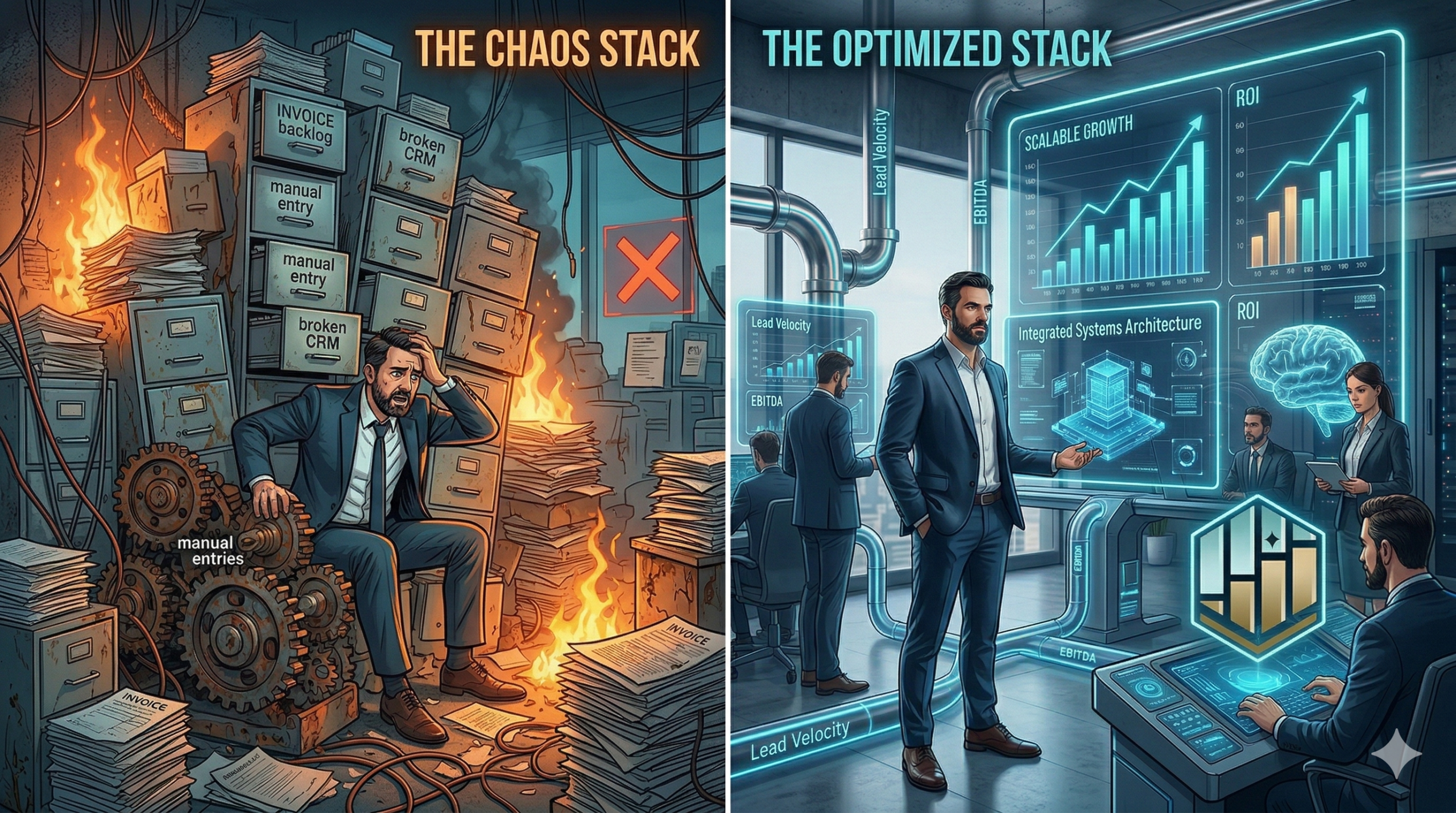 STAC Consulting concept image: Chaos stack (untangled, manual) vs. Optimized stack (automated, integrated data)